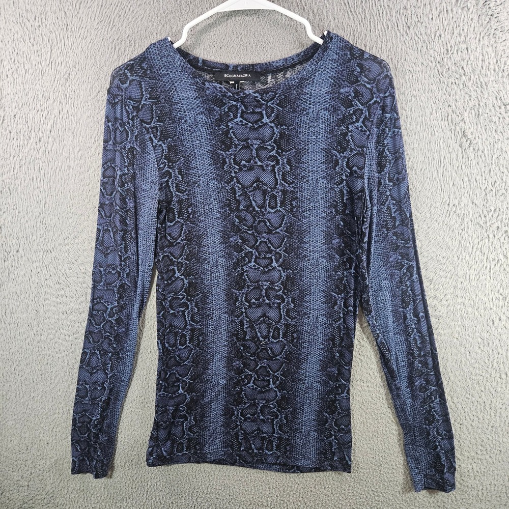 BCBGMAXAZRIA Womens Blue Snakeskin Print Long Sleeve Knit‎ Top Size M